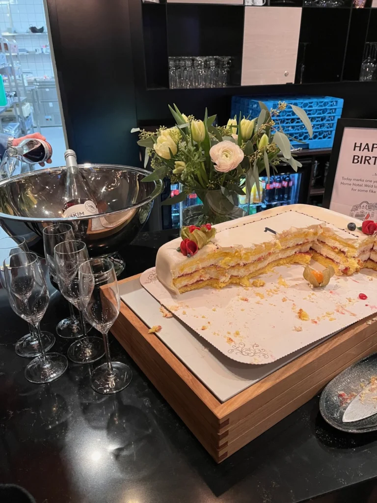 Hotel birthday celebration cake during Mount Filling Systems visit to Sandefjord