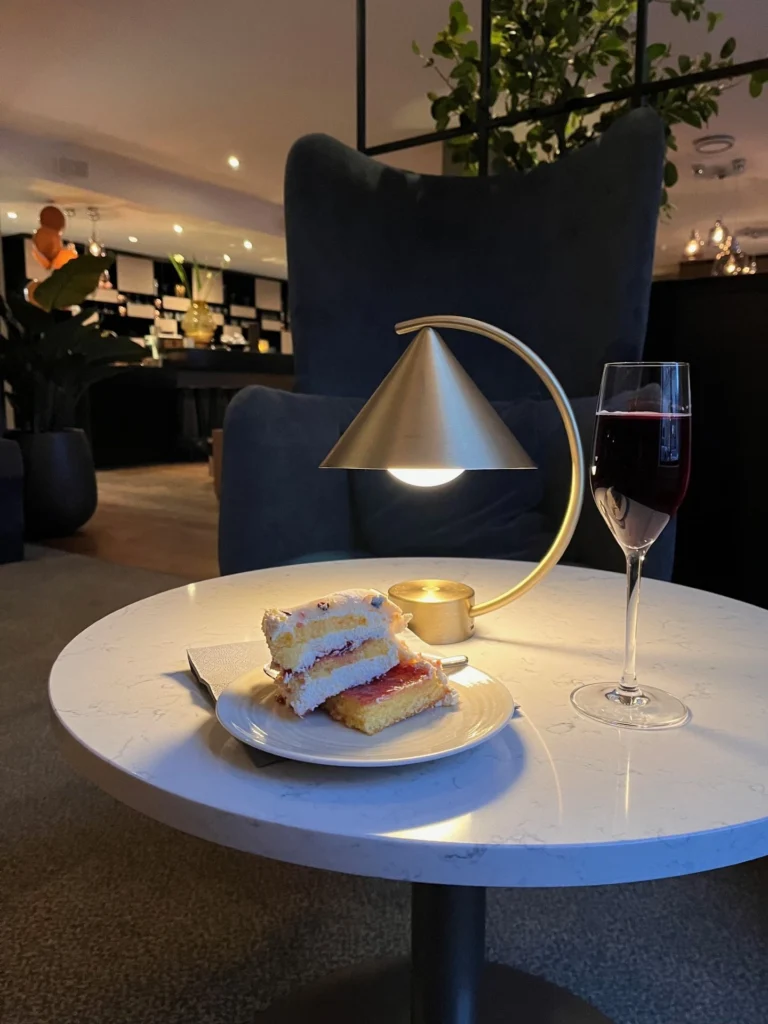 Dessert and drink at hotel lounge in Sandefjord during Norway visit